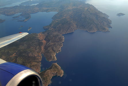 sky, plane, top view, beautiful, island, greece, blue