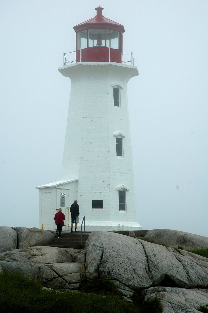 lighthouse, fog, rocks
