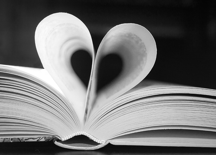 book, black, white, heart, love, read, pages