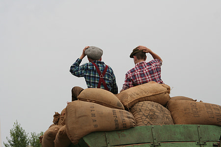 boys, sitting, on grain bags, well-wishers