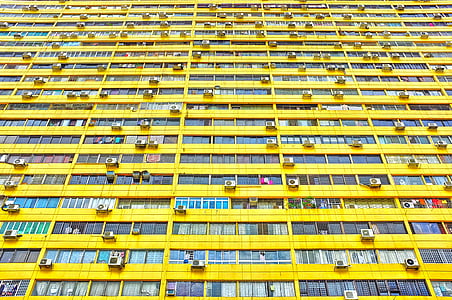 arhitektura, stavbe, steklo, majhnim kotom strel, perspektive, Windows, rumena