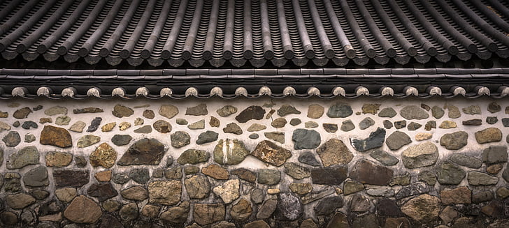 tetőcserép, kőfal, Hanok, hagyományos, minta, textúra, vadon élő