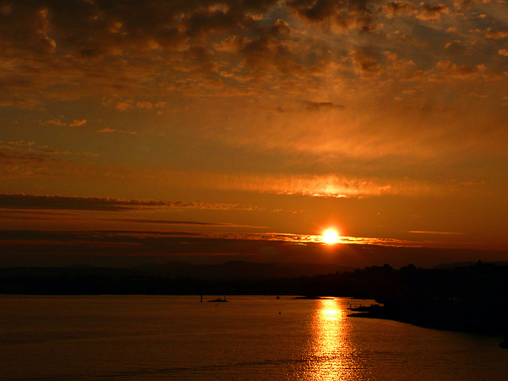 solnedgång, Pacific, Vancouver island, British columbia, Victoria, staden