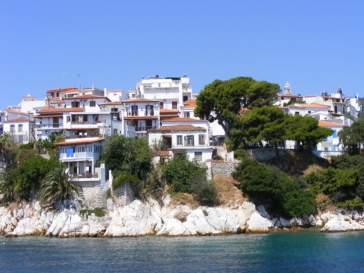 domov, otok, krasno, modra, vode, Grčija, rock