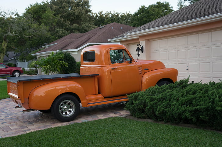 Chevrolet, oransje, lastebil, gamle, antikk, klassisk, funky