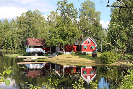 Domov, jazero, Švédsko, idyla, Haus am vidieť