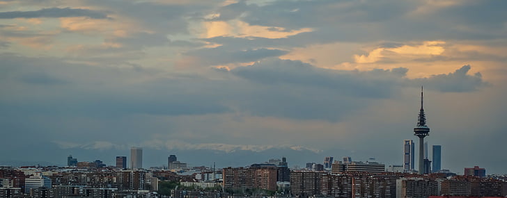 skyline, madrid, skyscraper, architecture, sunset, wallpaper, torrespaña