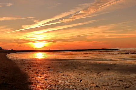 natura, posta de sol, Mar del nord, vacances, Cuxhaven, cel taronja, platja