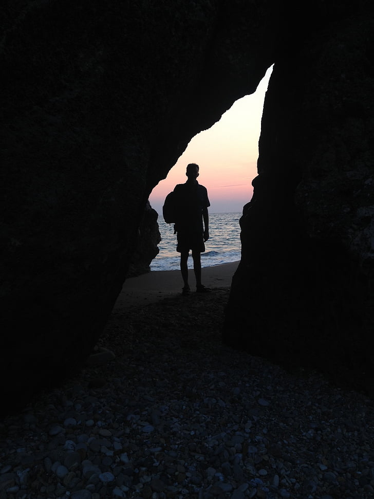rock, sunset, man, silhouette, sunset sky, outdoor, person