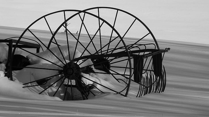 agricultural equipment, old, perspective, snow, contrast, wheels, iron