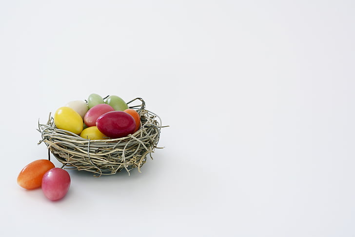 easter nest, nest, sugar eggs, colorful, easter, decoration, happy easter