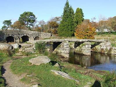 riu, Pont, pedra, antiga, paisatge, escèniques, Dartmoor