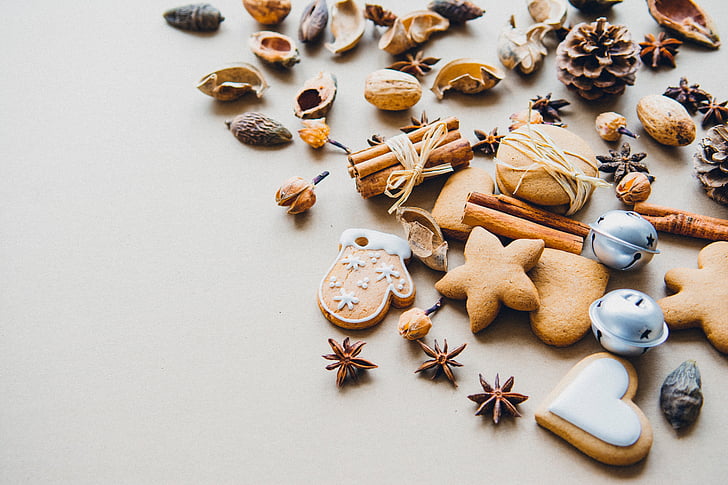 assorted, cookies, nuts, christmas, decor, art, ornaments