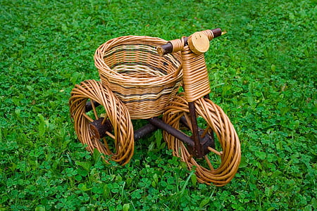 wicker, basket, bike, grass, green, isolated, container