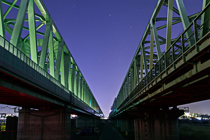 track, bridge, railway bridge, electric train, night sky, starry sky