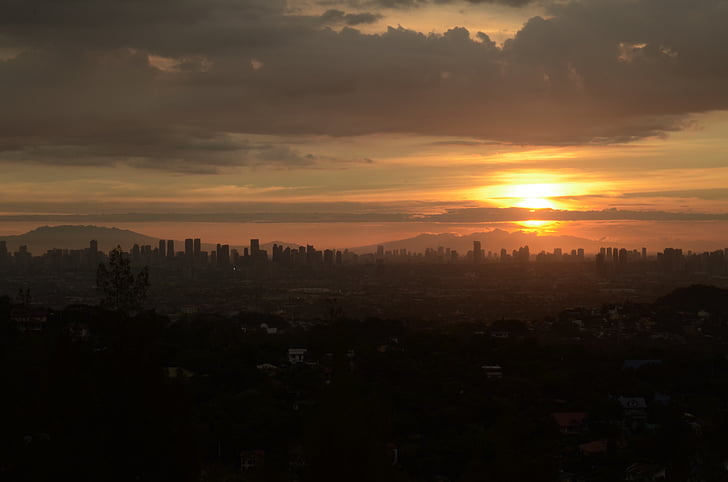 Manila, skyline, solnedgang, himmelen, bygge, bybildet, arkitektur