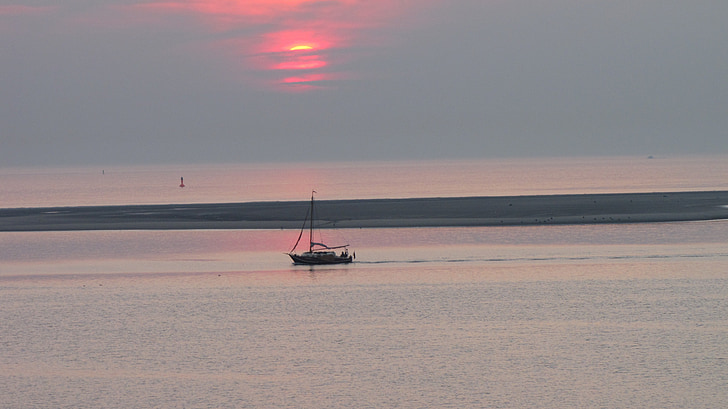 sunset, boot, mood, afterglow, sea, borkum