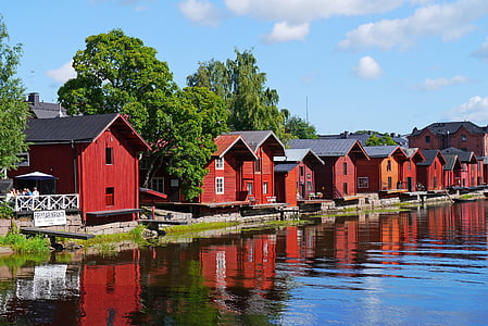 dřevěné domy, staré město, řeka, Finština, Porvoo, Finsko, historické staré město