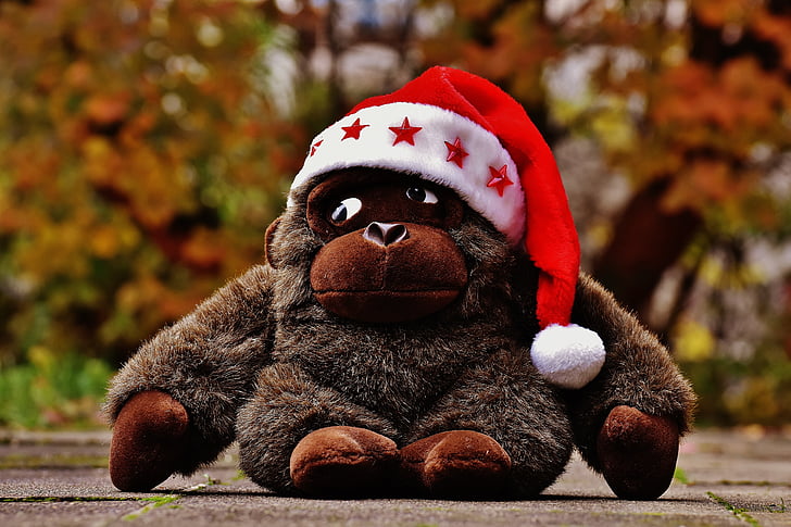 christmas, santa hat, stuffed animal, soft toy, monkey, gorilla, teddy Bear