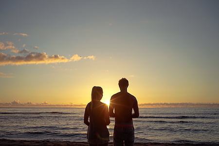 man, woman, seashore, sunset, people, silhouette, guy