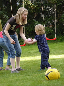 børn, Mama, mor, barn, spille, bold, swing