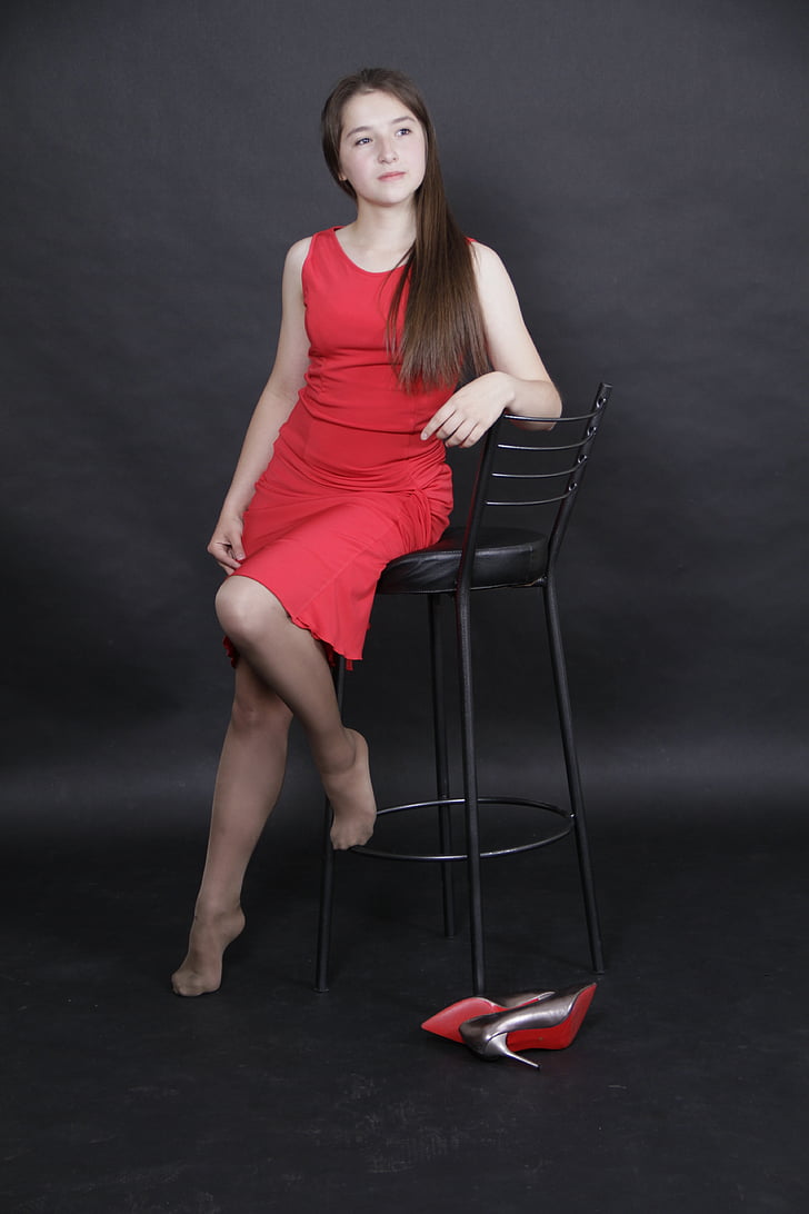 girl, red, dress, shoes, shop, chair, hair