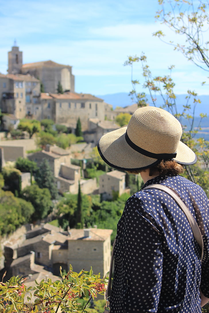 kvinna, turist, Gordes, Provence, Frankrike, med utsikt över, Viewpoint