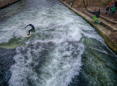 Munich, surfing, HDR, air, papan selancar, Taman Inggris, olahraga air
