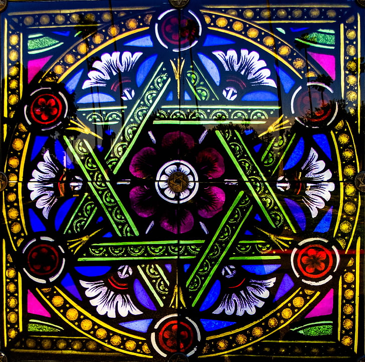 vitrage, stained glass, church window, star, artfully, old window, architecture