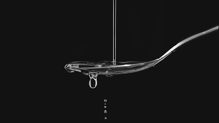 black-and-white, drops of water, spoon, water, water drops