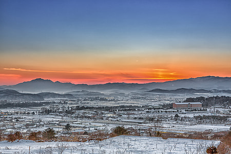 Chuncheon, mgła, blask, zimowe, zachód słońca, niebo, Natura
