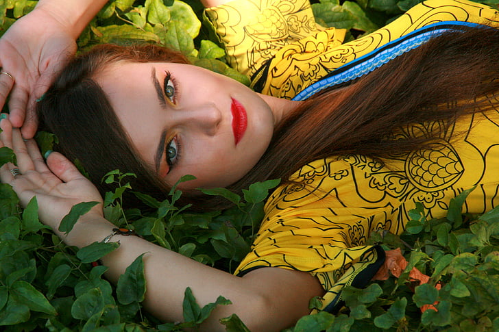 Tüdruk, portree, taimestik, Ilu, võrgutav, kollane, naised