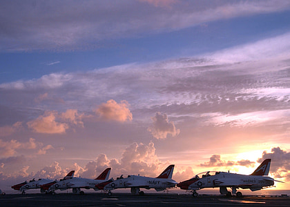 sky, clouds, planes, jets, fighters, ship, aircraft carrier