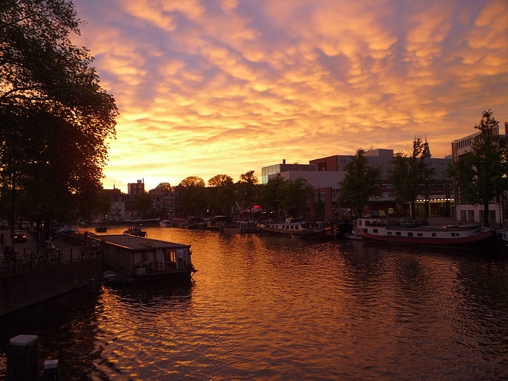 Amsterdam, slunce, soumraku, Západ slunce, město, Architektura, řeka