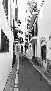 Spanyolország, Sitges, utca, ház, keskeny, építészet, ablak