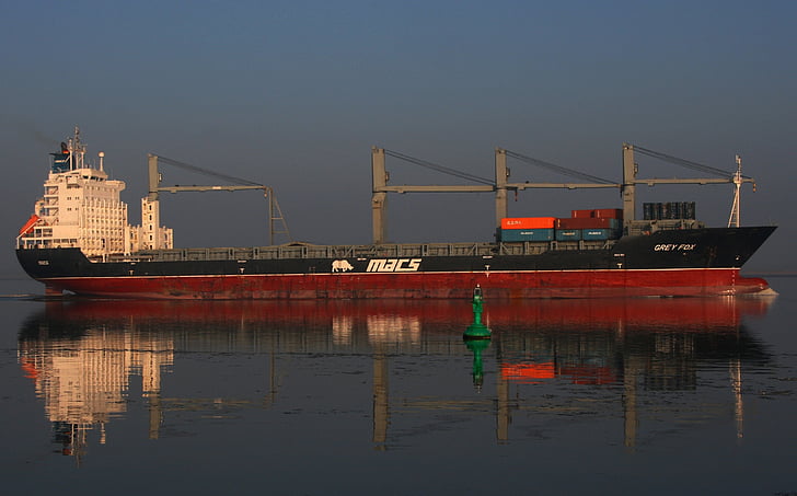 elbe, ship, transport, container ship, water, river, mirroring