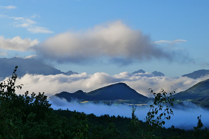 niebla, Mar de nubes, paisaje, naturaleza, montaña, Mañana, Alpes