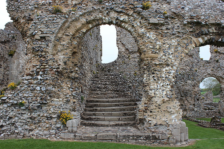 lépcső, romok, ajtó, Castle acre priory, Norfolk, Anglia, építészet
