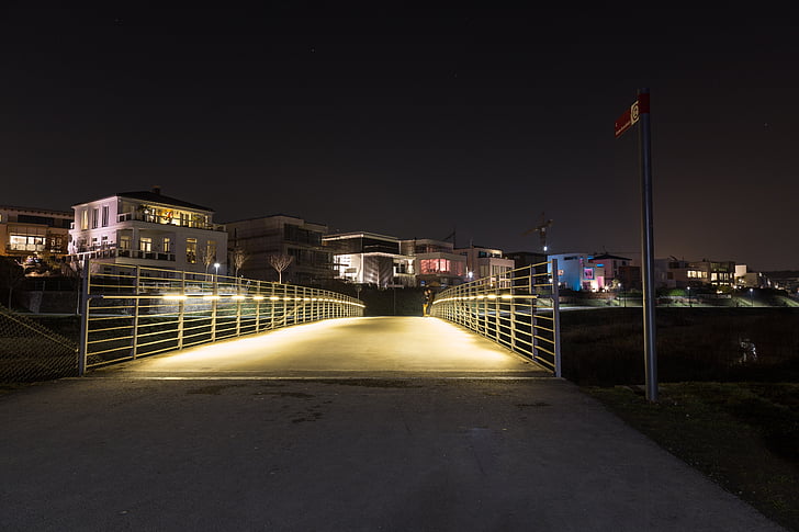 Ponte, Case, architettura, costruzione, canale, fiume, fotografia di notte