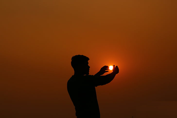 silhouette, sun, nature, sunset, sky, young, silhouette people