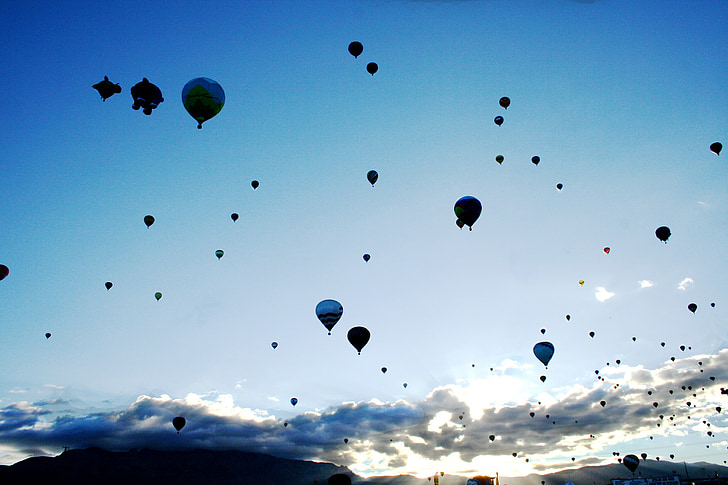 μπαλόνια, αερόστατα θερμού αέρα, Balloon fiesta, που φέρουν, ουρανός, σύννεφα, σε εξωτερικούς χώρους