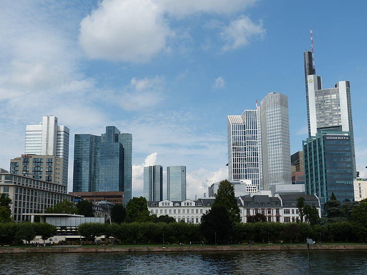 Frankfurt, bybilledet, skyskrabere, skyline, arkitektur, skyskraber, floden
