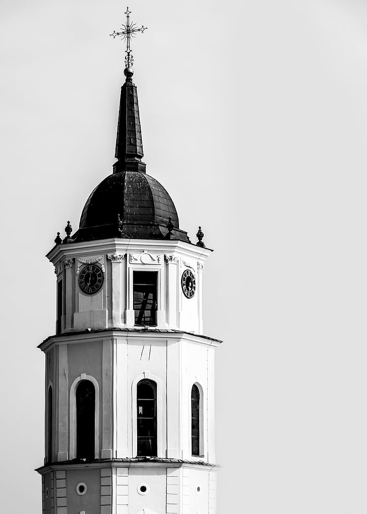 black-and-white, cathedral, church, city, clock, sky, white
