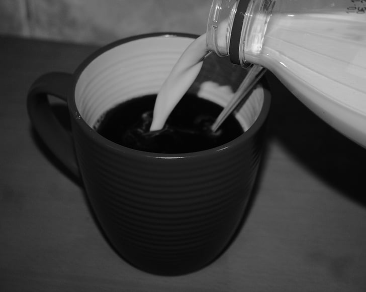 coffee, cream, milk, cup, mug, black and white