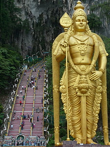 murugan statue, batu caves, golden statue, kong kuala, stairs, malaysia, temple