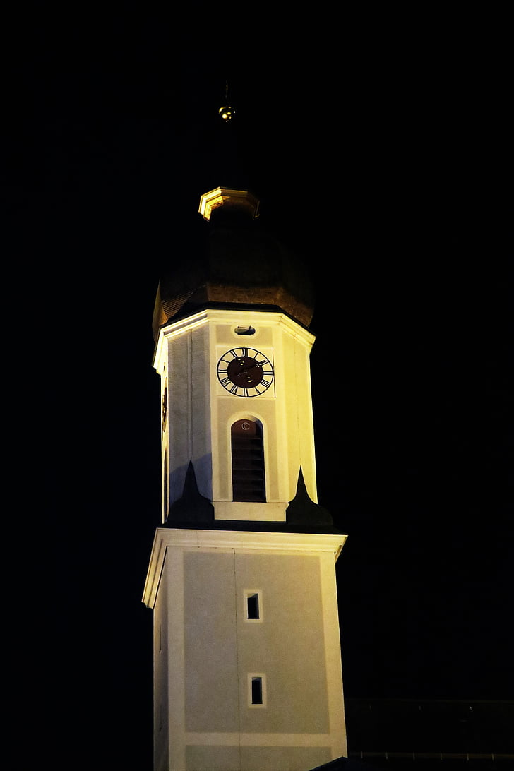 Църква, църква часовник, нощ, кула, религия