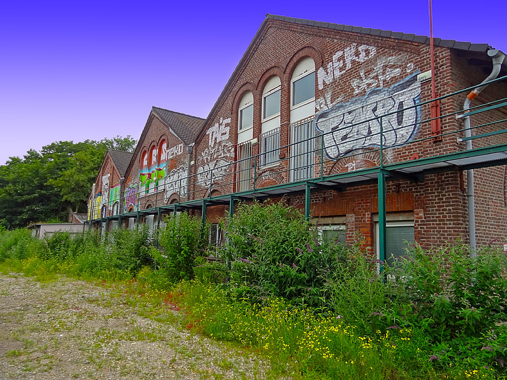 old building, graffiti, railway station, fallow land, wild, weed, wall