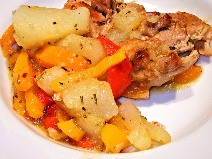 구운된 치킨, 고추, 감자, 음식, 향신료, 허브, 바베 큐
