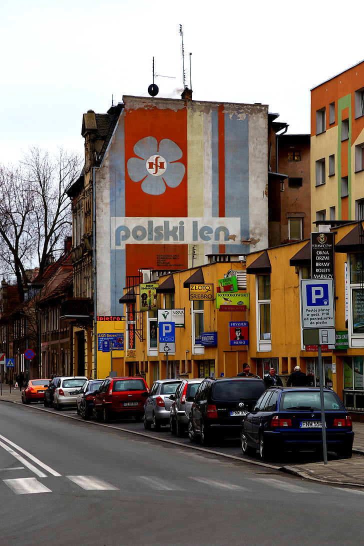 Stare reklamy, Polski Len, Ulica, Nowa sól, Samochody, parking