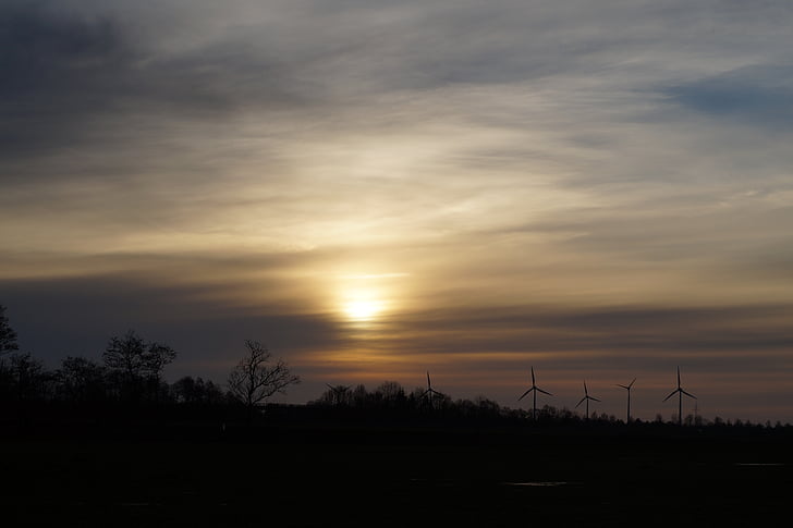 sunset, abendstimmung, romantic, sky, wind turbines, wind energy, wind park